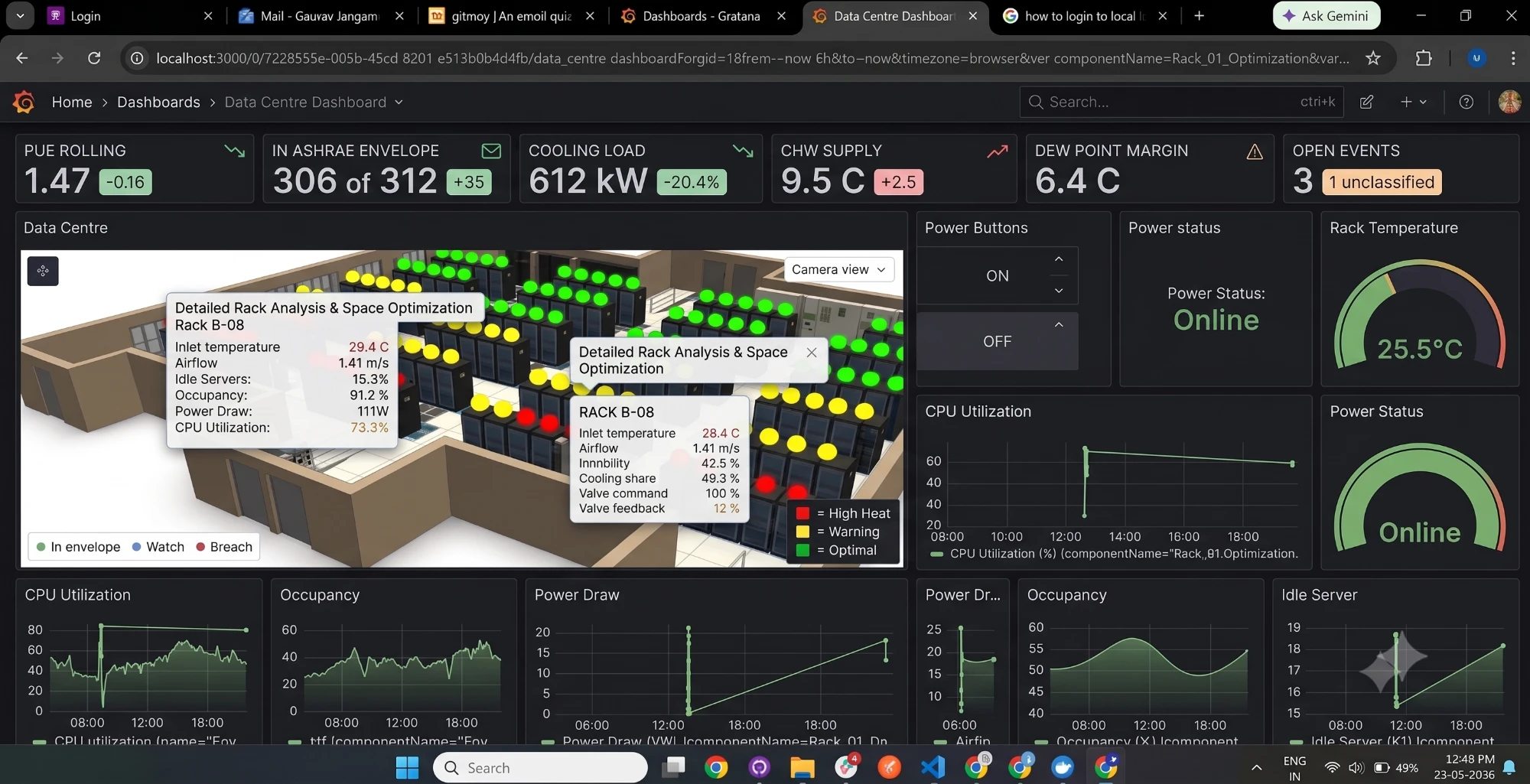 Data centre operations dashboard with 3D hall view, PUE, cooling load, dew point and open events