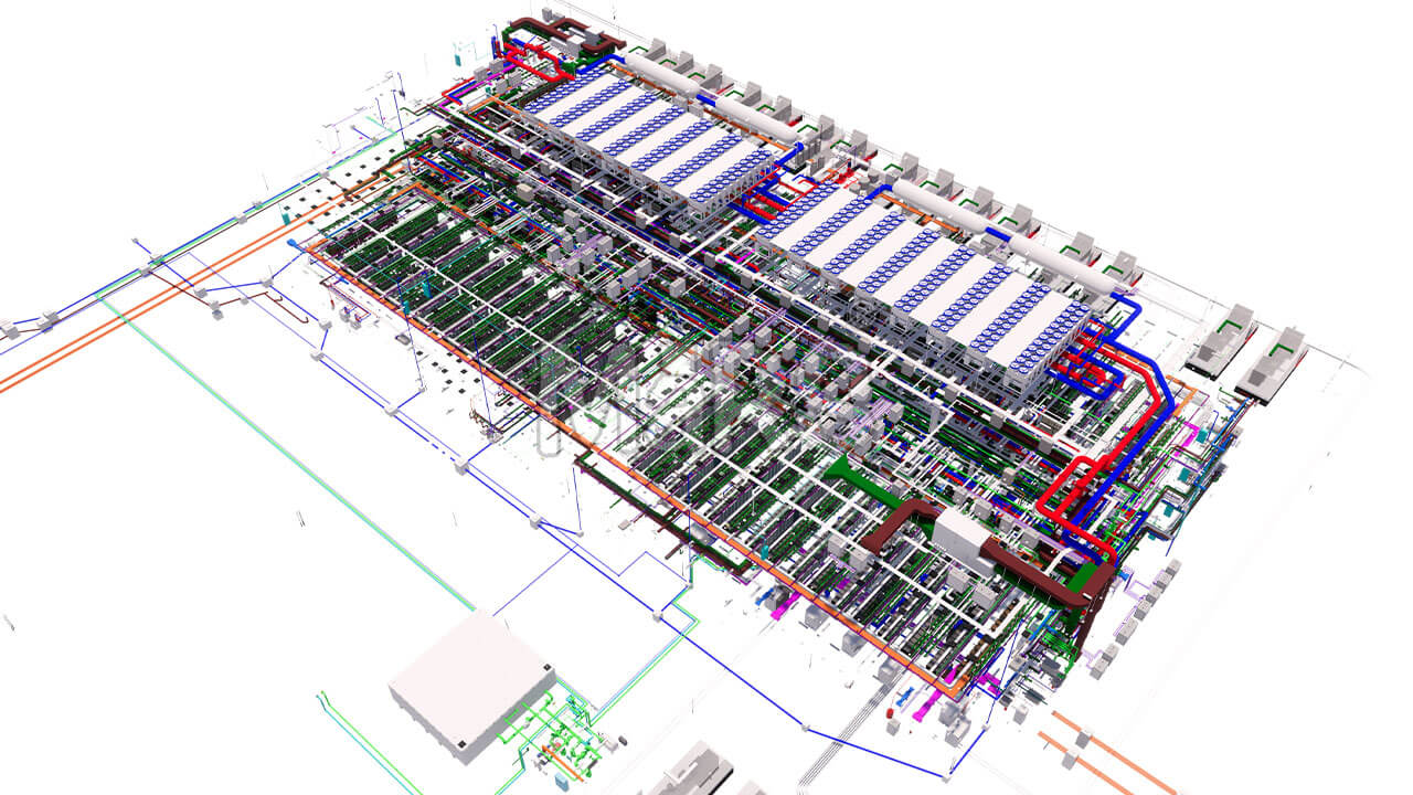3D twin of a data centre hall with cooling pipework, cable trays and rack layout