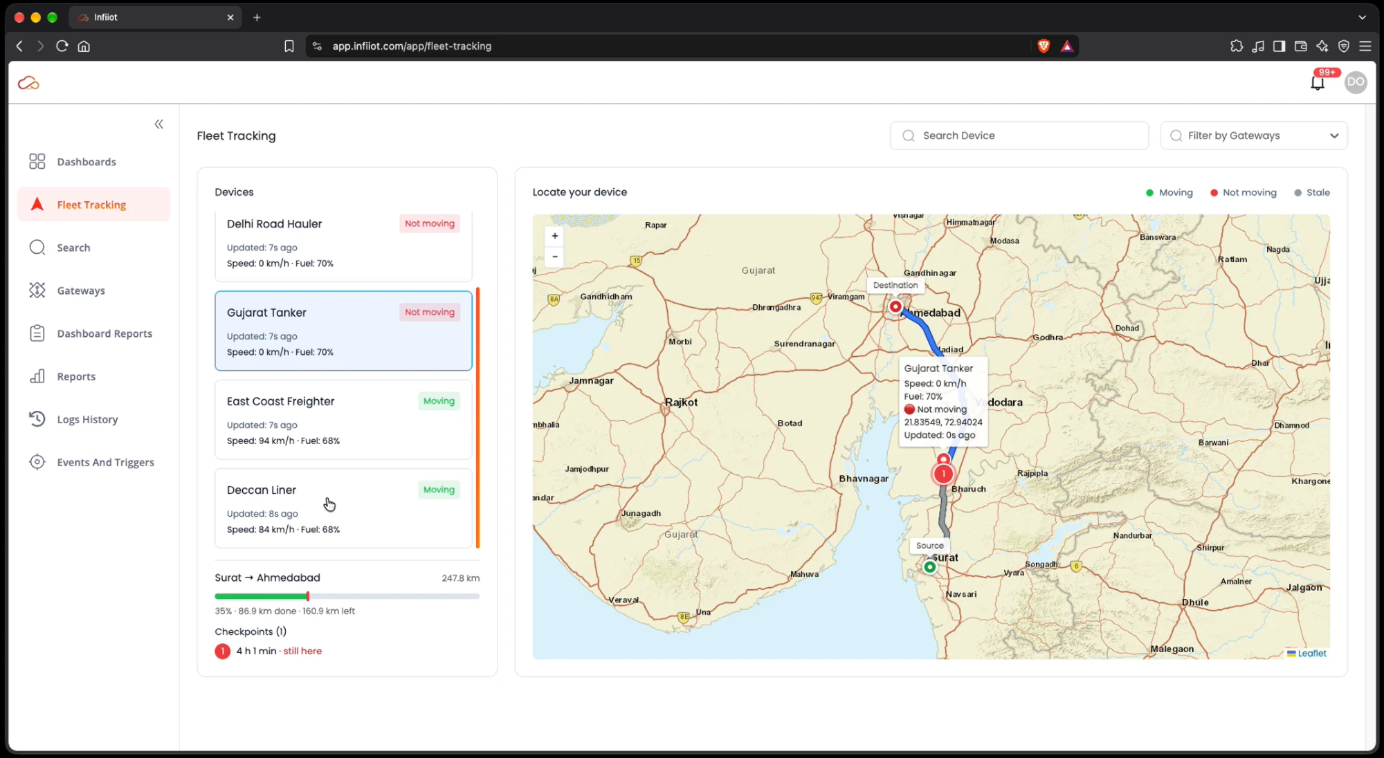 Fleet tracking dashboard with live device status, trip progress and map view