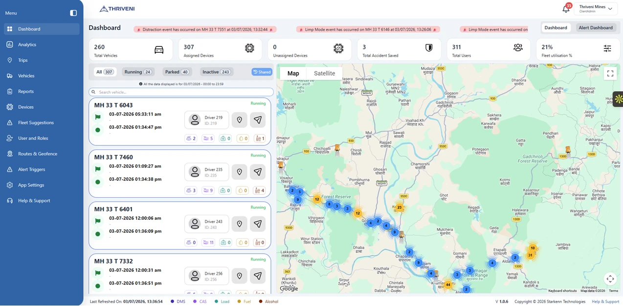 Production fleet operations console with alerts, live map and vehicle list