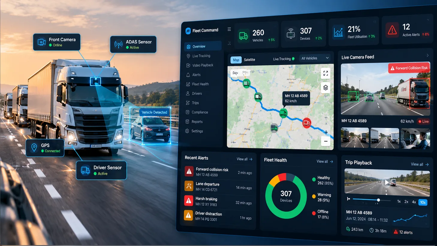 Truck fleet with camera and driver-assistance monitoring overlays