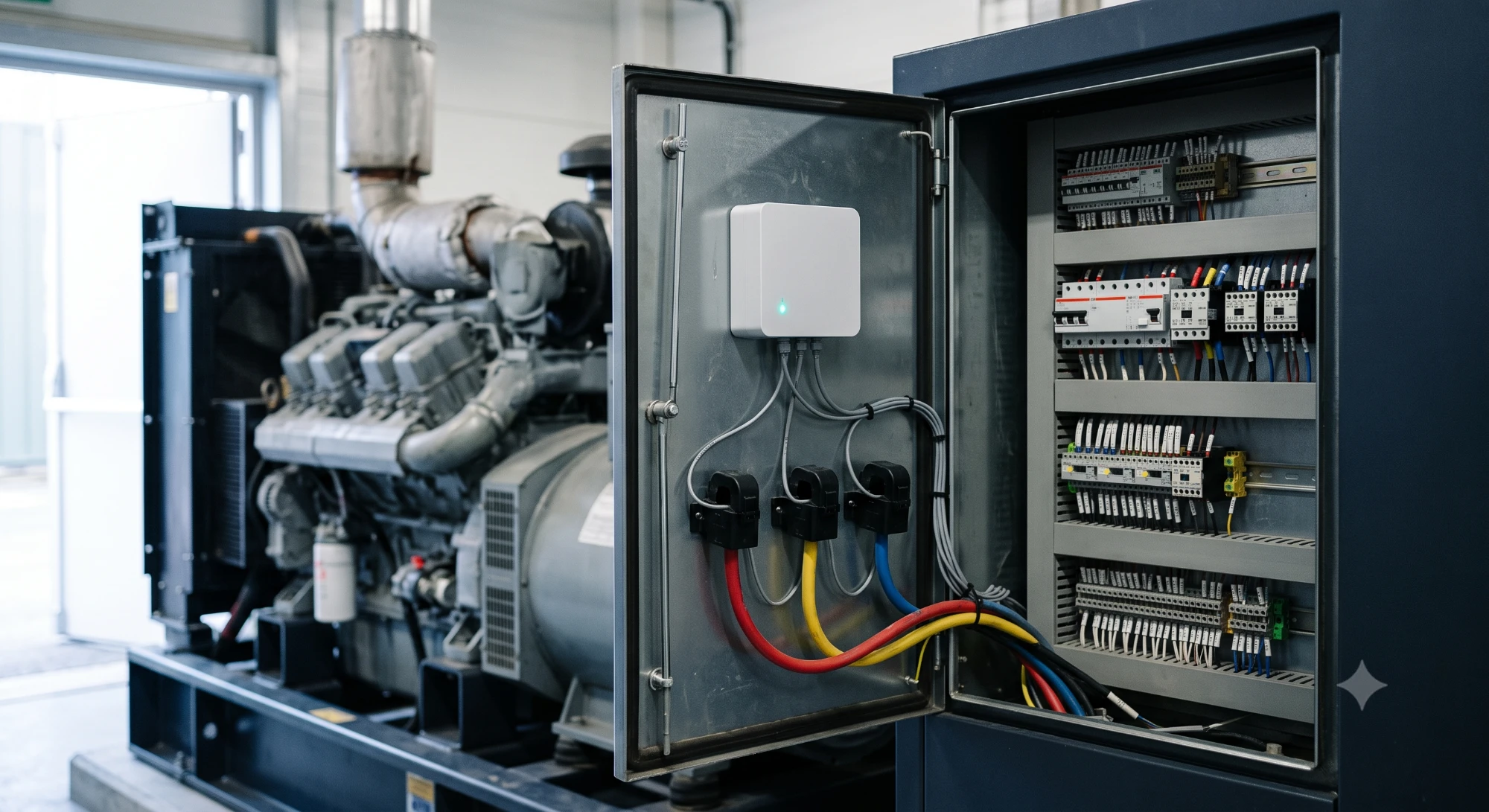 Non-invasive edge sensing device installed on a diesel genset control panel with CT clamps on the three-phase output