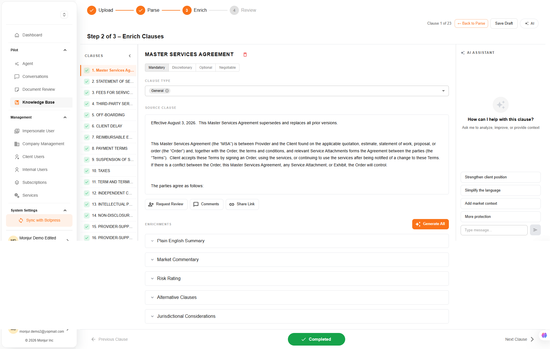 Monjur legal workspace, step 2 of 3 — Enrich Clauses: a Master Services Agreement broken into 23 numbered clauses on the left, the active Master Services Agreement clause centred with mandatory/discretionary/optional/negotiable tabs, and an AI assistant on the right suggesting strengthen client position, simplify the language, add market context and more protection
