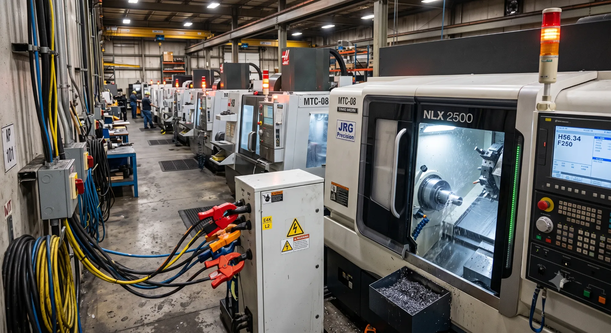 CNC machine shop floor with live power-signature sensing cabinets