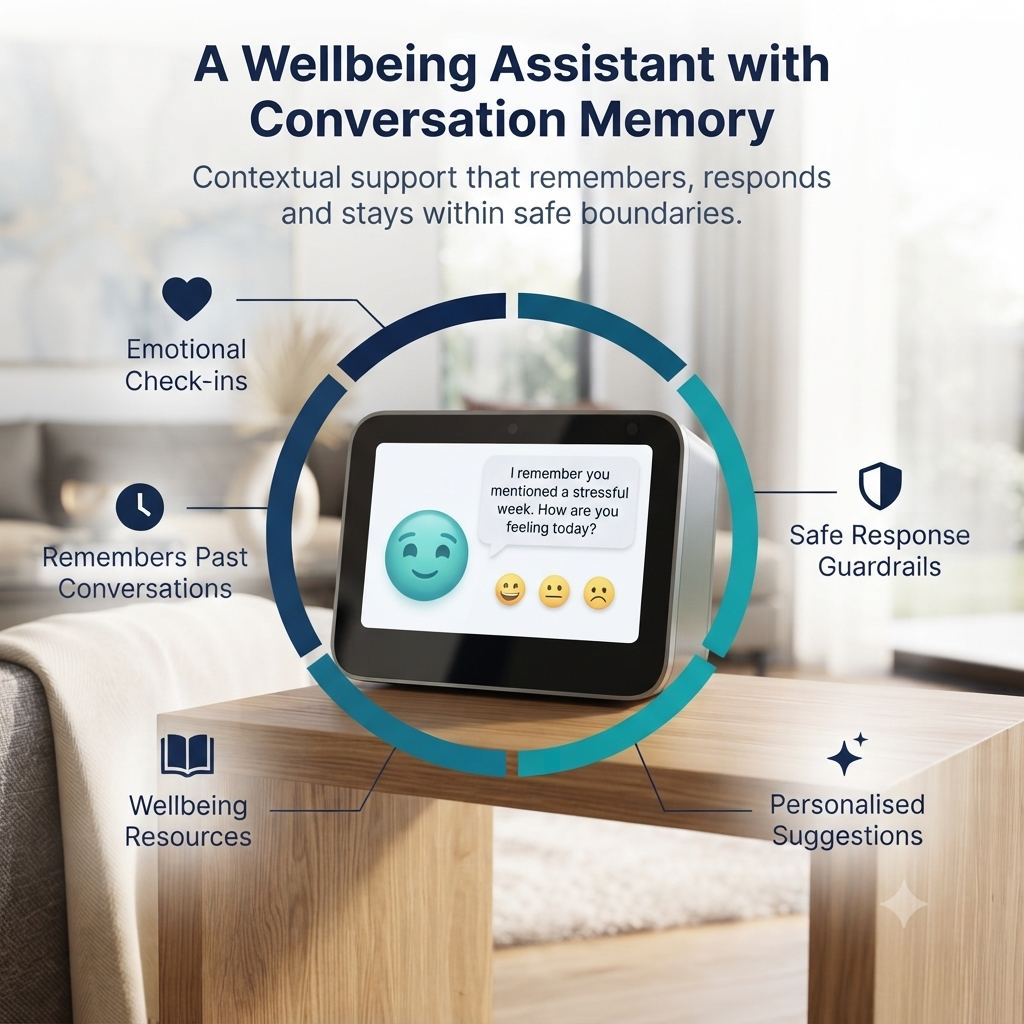 Illustration of a wellbeing assistant with conversation memory, emotional check-ins, wellbeing resources, personalised suggestions, and response guardrails.